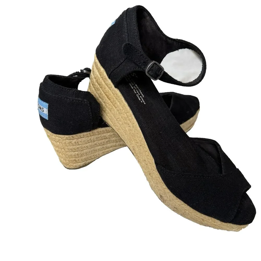 TOMS Black Canvas Peep Toe Jute Wedge Heel‎ Espadrille Sandals Sz 7